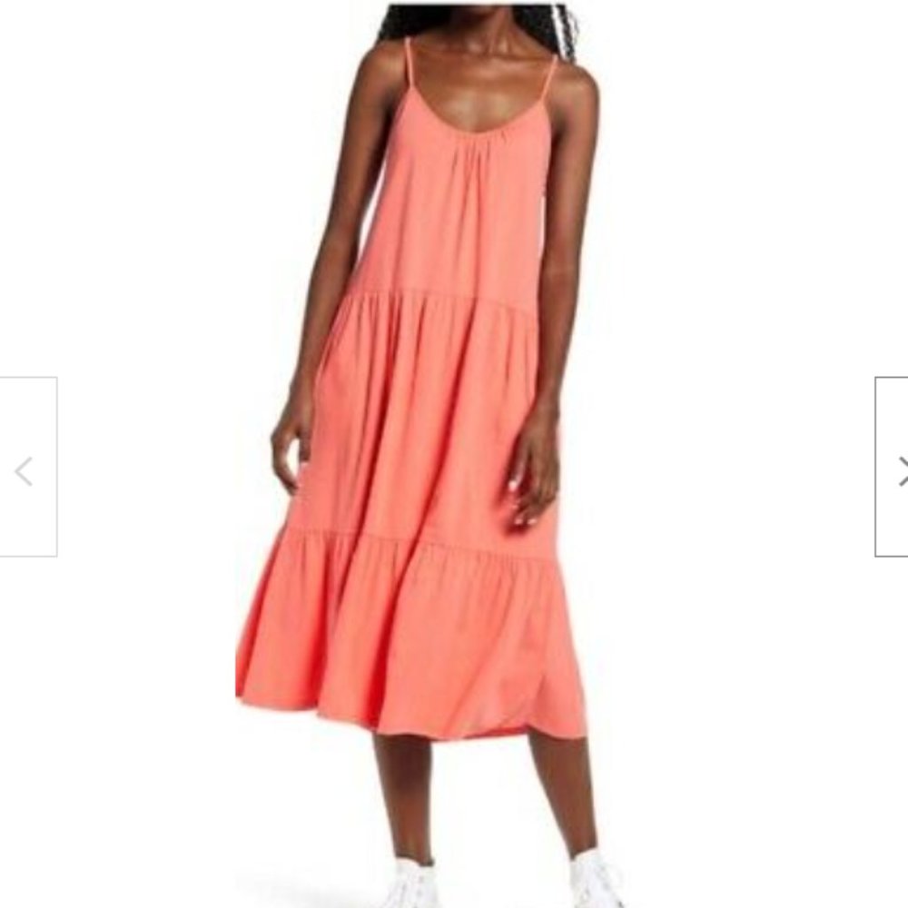 $49 ALL IN FAVOR Women's Tiered Jersey Dress Coral Pink Size M NWT
